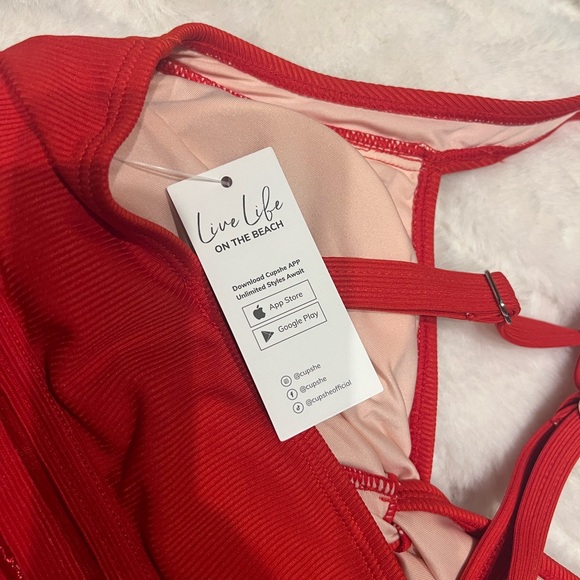 Red Sweetheart Bikini Top & High-Rise Tummy Control Bottoms Set Cupshe, sz M - Picture 2 of 3